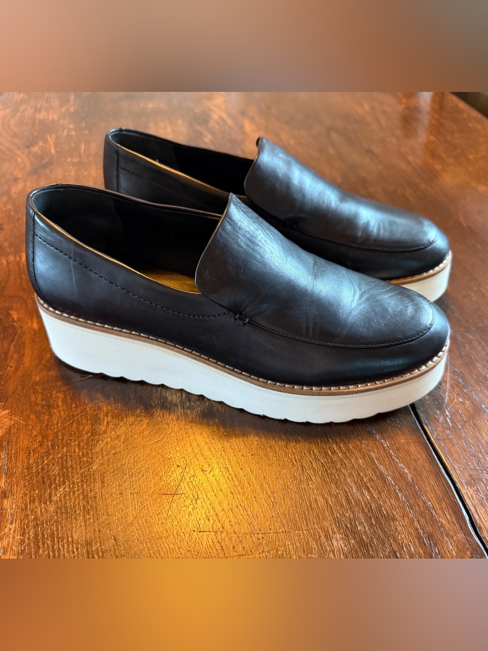 Vince Black Leather Slip-On Flatform Loafers with cream Sole